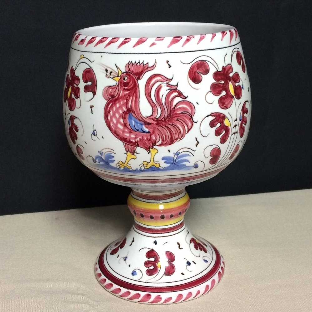 Deruta Italy Signed / numbered Jumbo Goblet Red Rooster Style Vintage